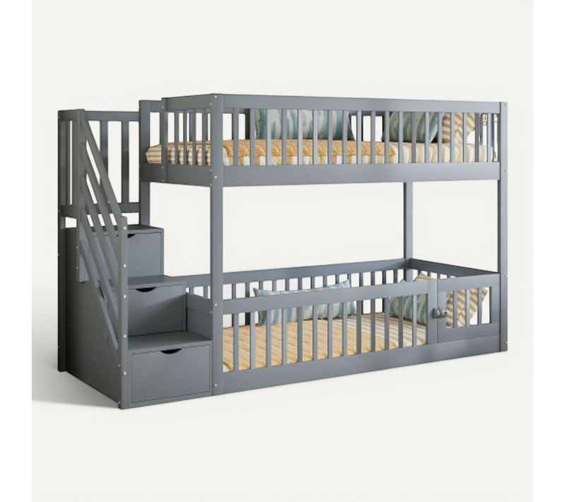Lit Superposé 90x200 Cm Avec Escalier De Sécurité Et Tiroirs, En Bois, Gris