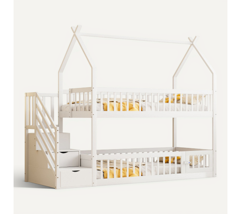 Lit Superposé Enfant 90x200 Cm Avec Toit, Échelle De Sécurité Et Tiroirs, En Bois, Blanc