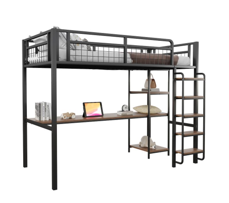 Lit Mezzanine 90x200 Cm En Métal, Lit Enfant, Avec Table Et Étagères, Échelle Avec Marches, Noir