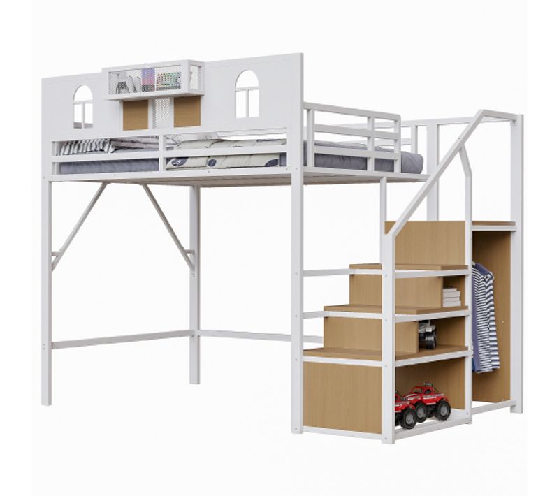 Lit Mezzanine 140x200 Cm En Métal, Lit Adulte, Avec Échelle, Panneaux En Bois Et Filet, Blanc