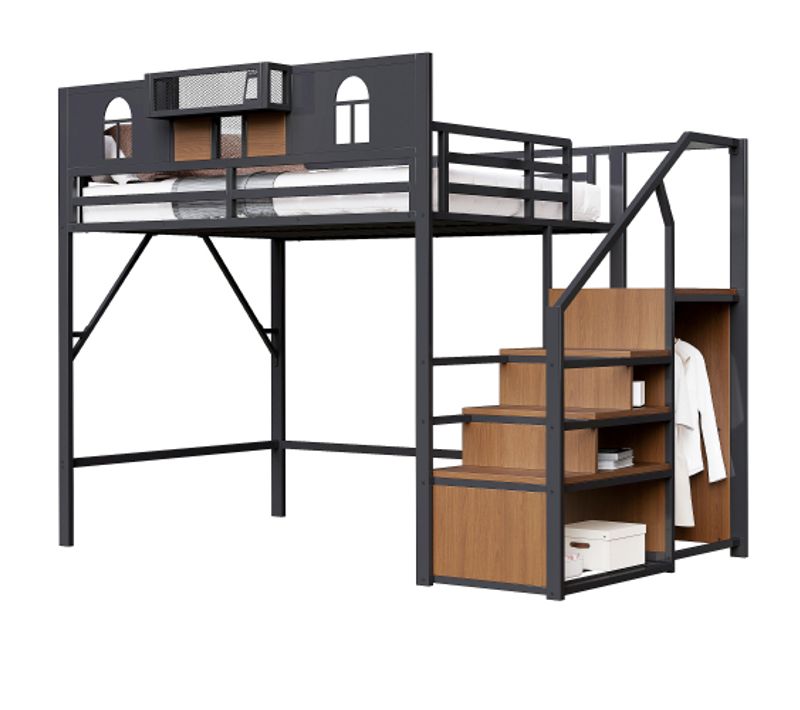 Lit Mezzanine 140x200 Cm En Métal, Lit Adulte, Avec Échelle, Panneaux En Bois Et Filet, Noir