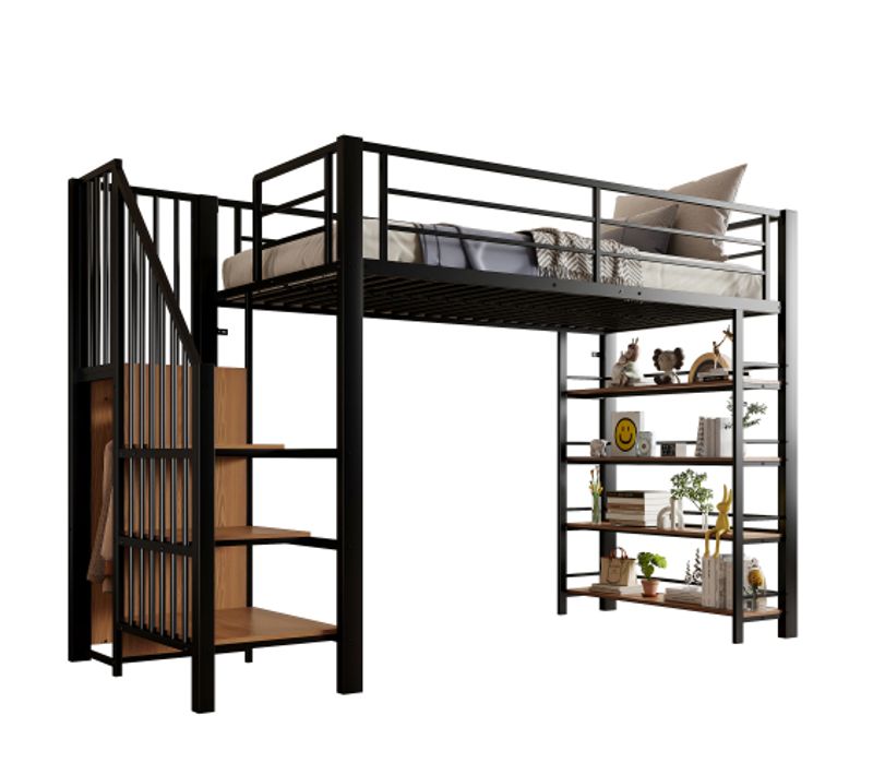 Lit Mezzanine 90x200 Cm, Lit Ados, Avec Escalier De Sécurité, Petite Penderie, Étagères, Noir