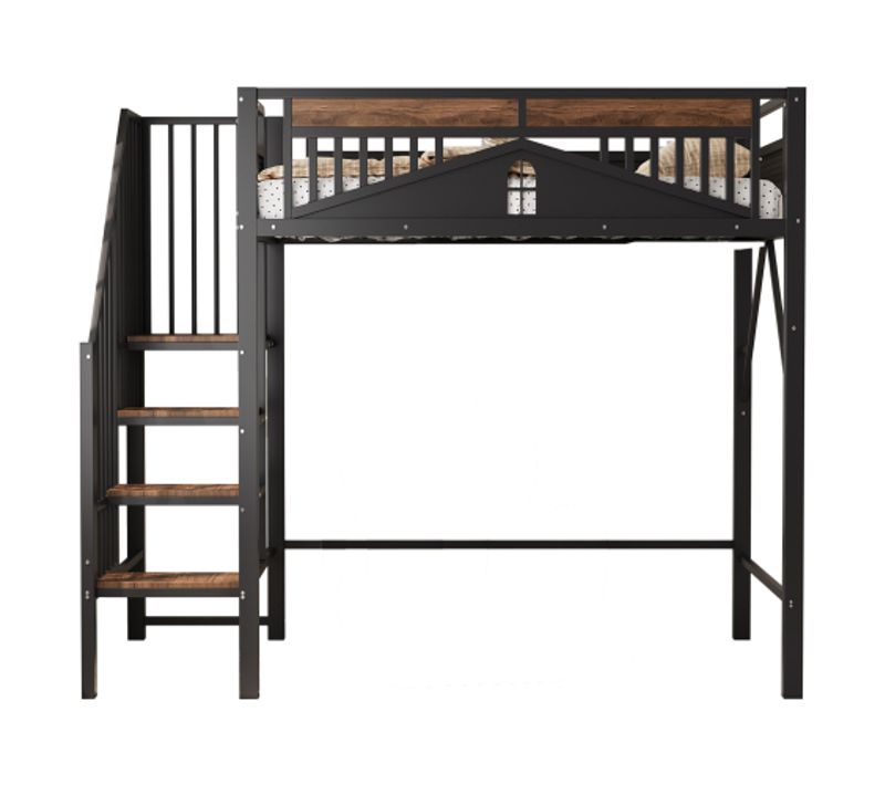 Lit Mezzanine Enfant 90x200 Cm En Métal, Barrière De Sécurité Avec Fenêtre, Avec Échelle, Noir