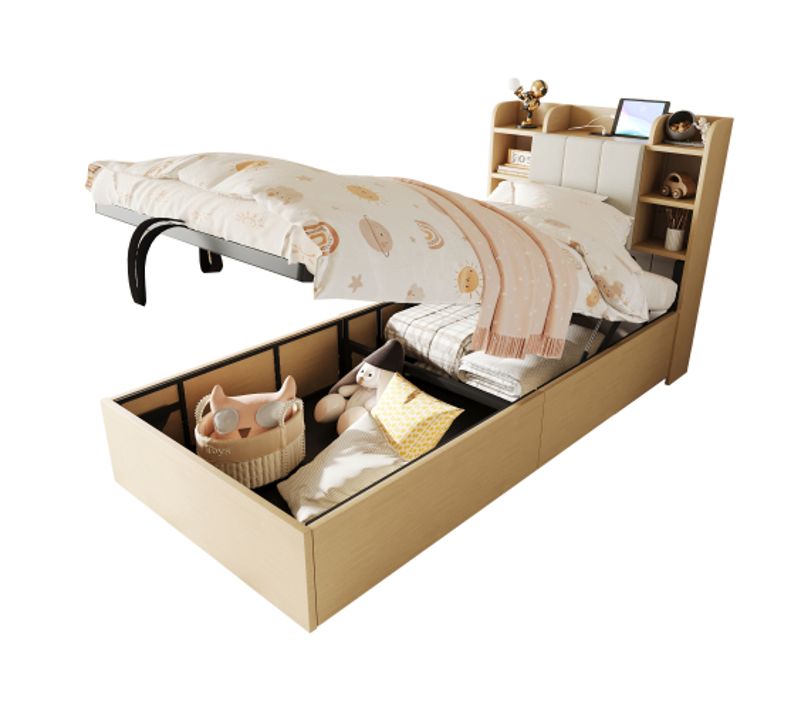 Lit coffre 90x200 Cm En Bois, Tête De Lit Avec Rangement, Prise USB Et Type-c, Couleur Bois