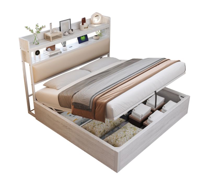 Lit Coffre 180x200 Cm, Tête De Lit Avec USB, Design Vintage, Espace De Rangement Caché, Blanc