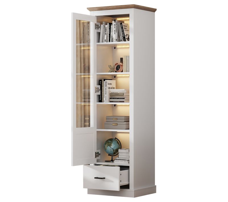 Vitrine Blanche Et Bois LED H.178 Cm Avec Tiroir Et 5 Étagères – Meuble De Rangement Pour Salon