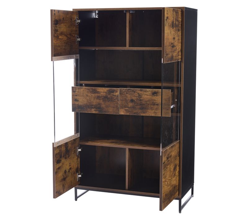 Vitrine De Rangement En Mdf Bois Et Noir, Avec LED Bluetooth, 2 Portes Acryliques Et 2 Tiroirs