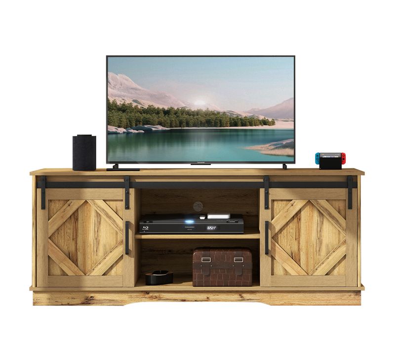 Meuble TV L.150cm Couleur Bois, Buffet Avec 2 Portes Coulissantes Et Rangements