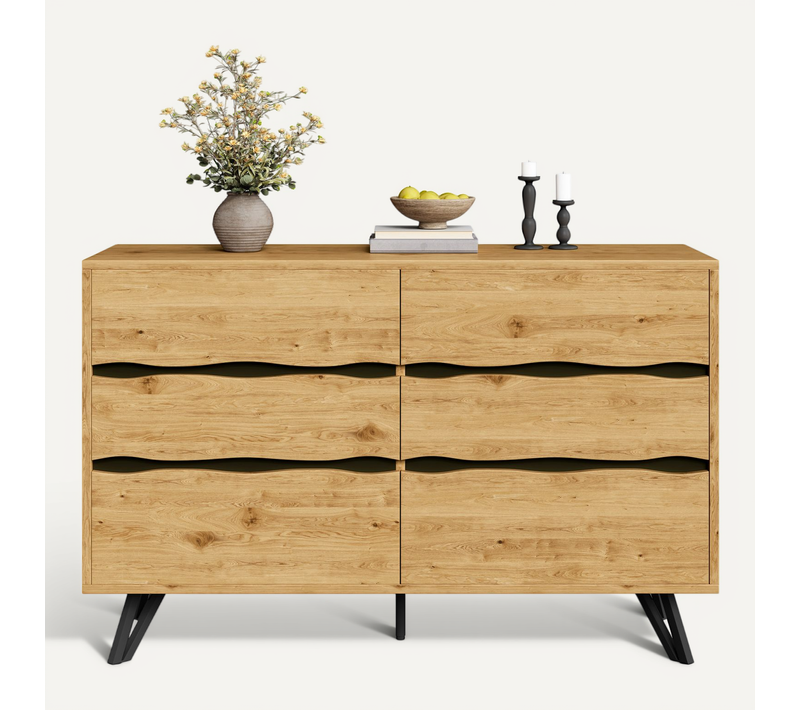 Buffet Avec 6 Tiroirs En Bois Couleur Naturelle – Commode, Meuble De Rangement Polyvalent