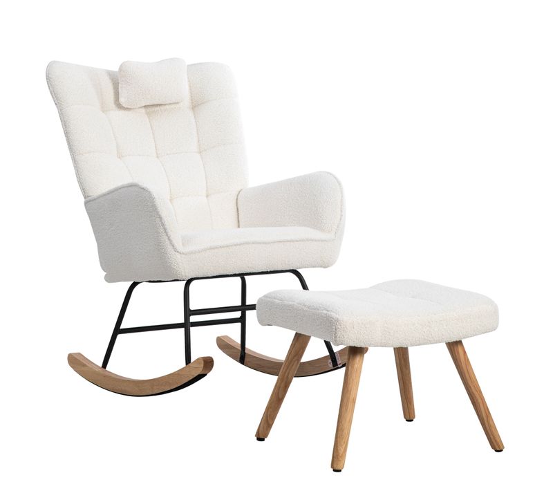 Fauteuil à Bascule En Tissu Blanc Avec Repose-pieds Et Coussin De Tête Pour Salon, Chambre