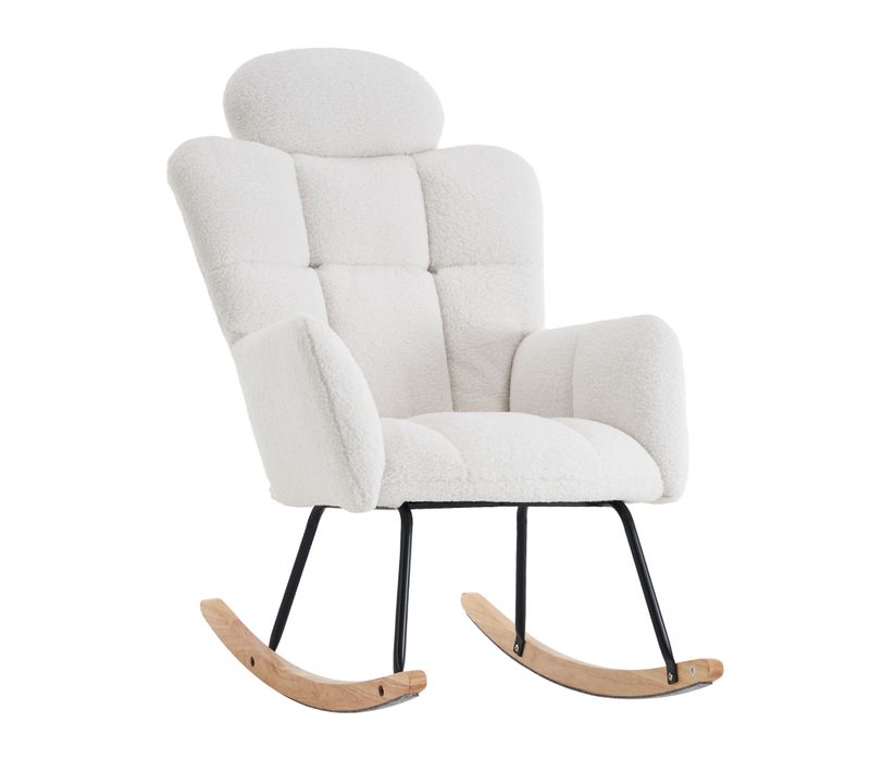 Fauteuil à Bascule Blanc En Tissu Teddy Doux Avec Appui-tête Et Balancement Silencieux