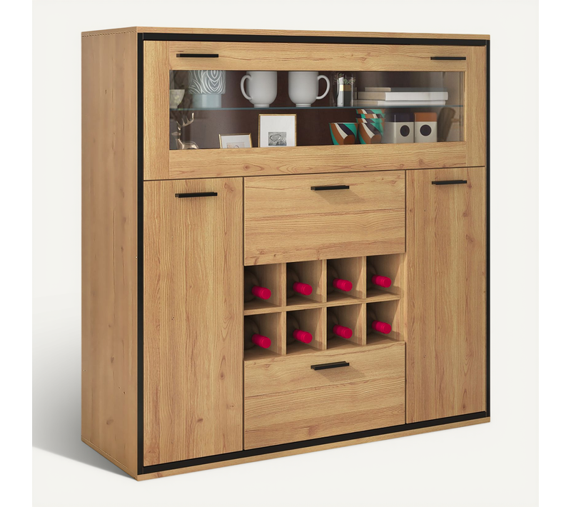 Buffet Bas,2 Tiroirs,3 Portes ,avec Range-bouteilles,led, Verre ，aggloméré，bois