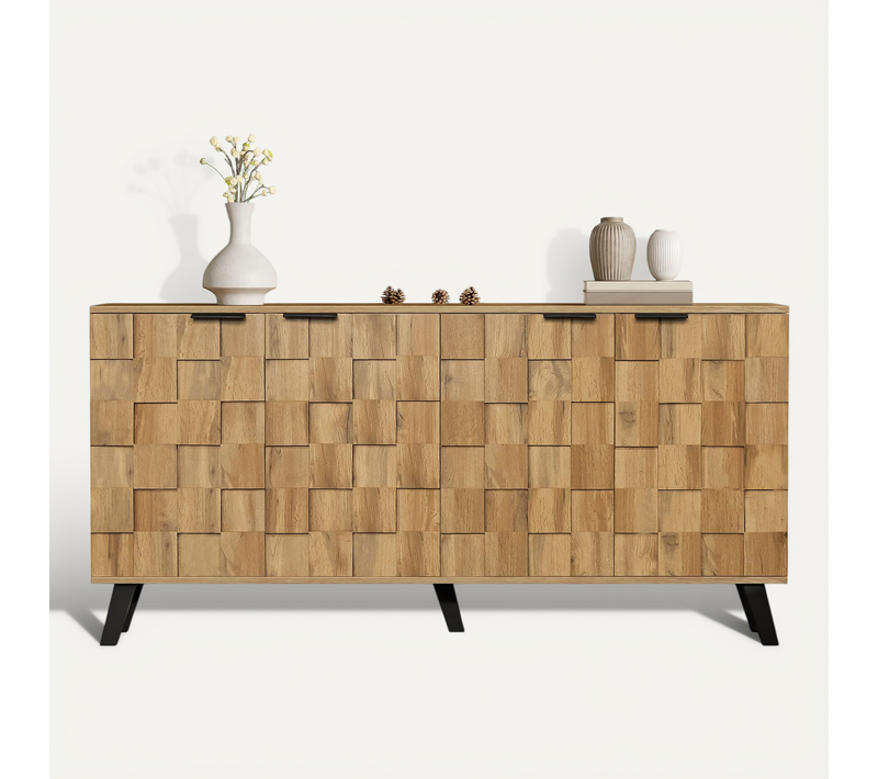 Buffet Bas,4 Portes Avec Poignées ,naturel,motif Géométrique,aggloméré，bois