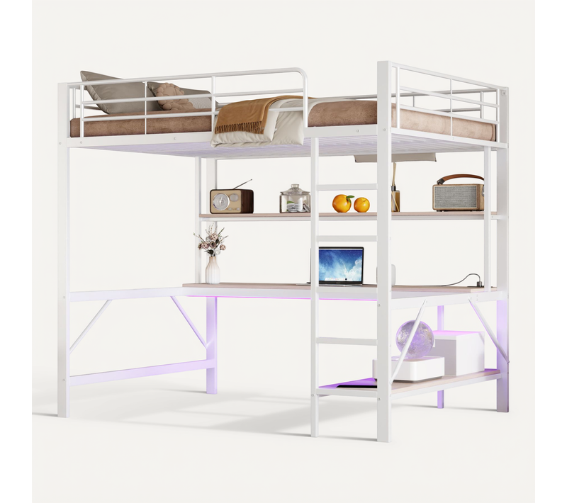 Lit Mezzanine 140x200cm, Avec LED, Bureau, Prise USB Et Prise De Courant, Structure En Fer, Blanc