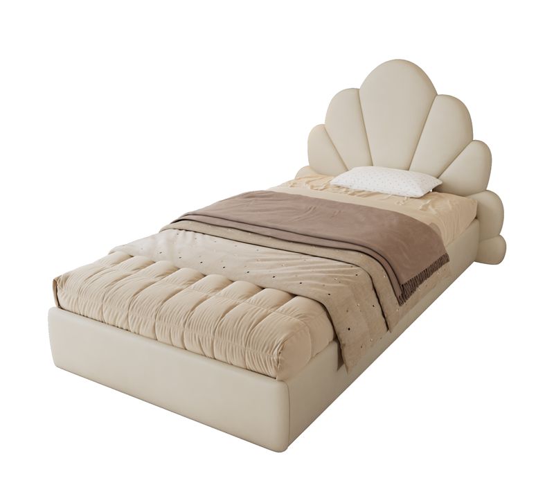 Lit Simple 90x200 Cm - Lit Capitonné Tissu Velours - Design Fleurs Courbes - Sans Matelas - Beige