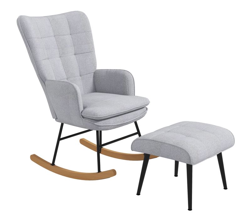 Fauteuil à Bascule En Lin Gris Clair Avec Repose-pieds, Structure En Acier Et Bois