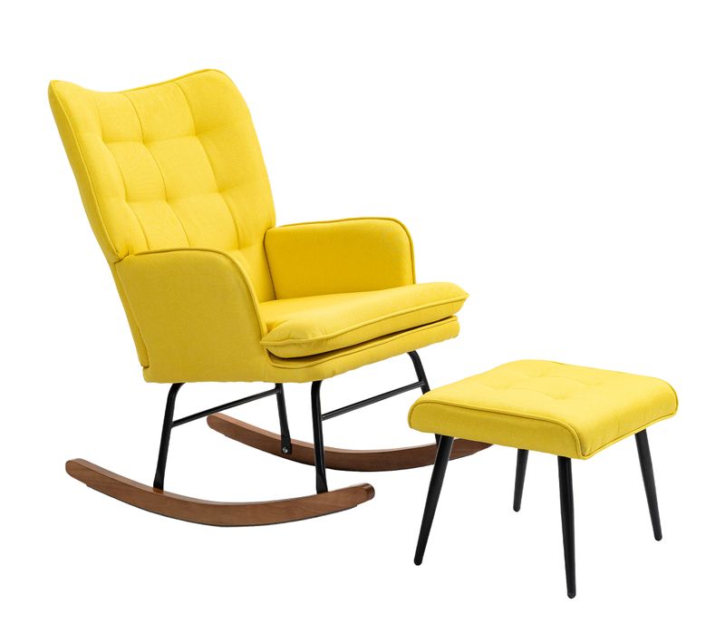 Fauteuil à Bascule En Lin Jaune Avec Repose-pieds Confortable Pour Salon Et Chambre