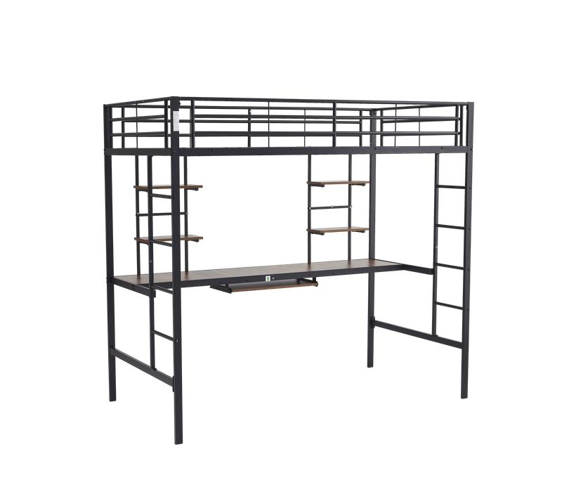 Lit Mezzanine Métal Noir 90x190 Cm Avec Bureau, Tablette Clavier Intégré Et Rangement