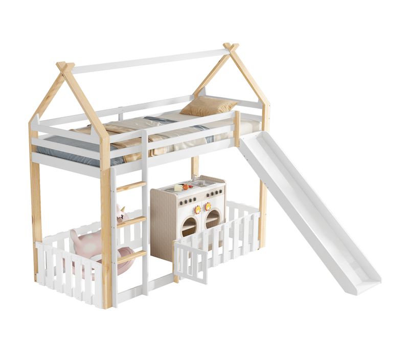 Lit Superposé Cabane 90x200 Cm, Toboggan, Barrière Et Porte, Espace De Jeu Enfant, Pin Blanc + Bois