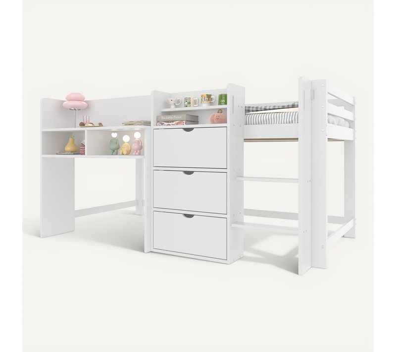 Lit Mi-haut Enfant 90x200 Cm Avec Étagères, Rangements Fermés Et Échelle, Bois Blanc