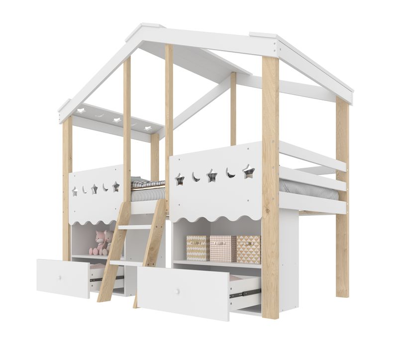 Lit Cabane Mi-haut 90x200 Cm Blanc Avec LED Et Rangements, Lit Mezzanine Enfant, Bois De Pin