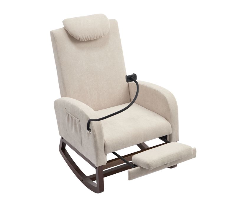 Fauteuil à Bascule, Poche De Rangement, Support De Téléphone, Repose-pieds, Lin, Mousse, Beige