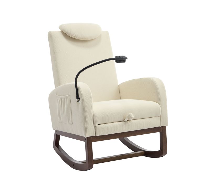 Fauteuil à Bascule, Poche De Rangement, Support De Téléphone, Velours Côtelé, Mousse, Beige