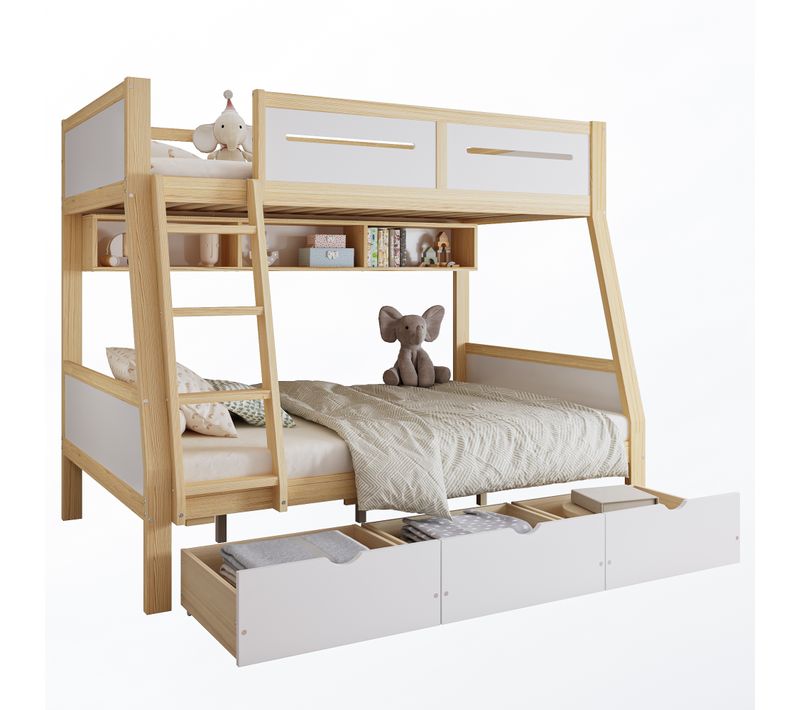 Lit Superposé Enfant 90/120x200 Cm Avec 3 Tiroirs, Rangement Et Étagère Livres, Blanc Et Bois