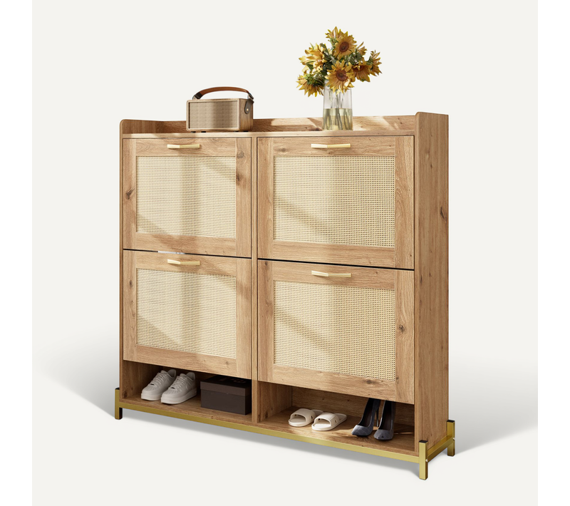 Meuble à Chaussures Moderne En Bois 108.5x24x100cm, 4 Portes En Rotin, Mdf, Couleur Bois