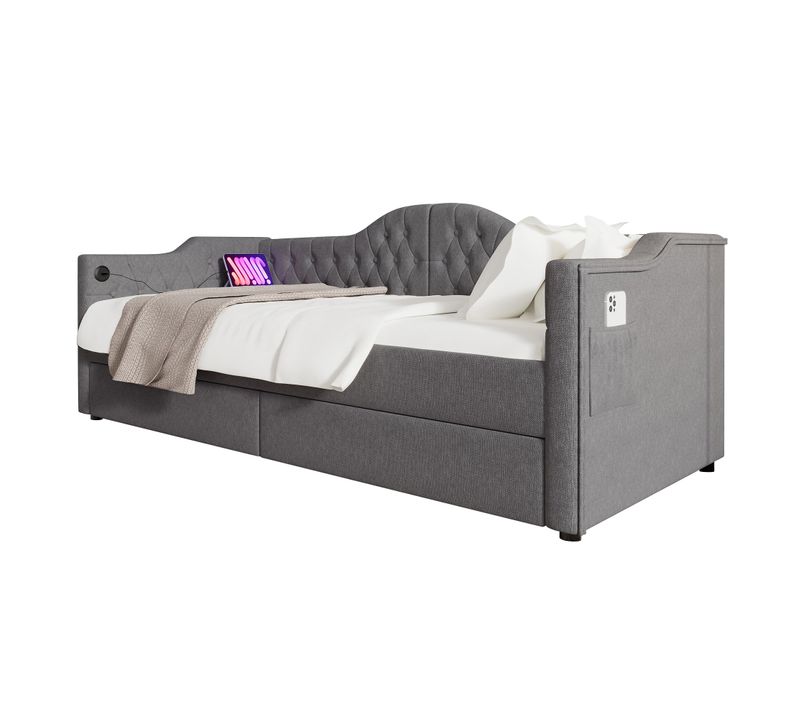 Lit 90x200cm,lit 1 Place,usb,type-c,2 Tiroirs,2 Poches Latérales,lin,gris