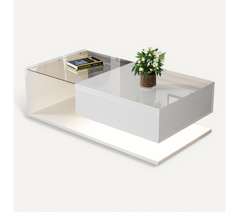 Table Basse LED Blanche Haute Brillance Avec Tiroir De Rangement, Table De Salon En Verre Trempé