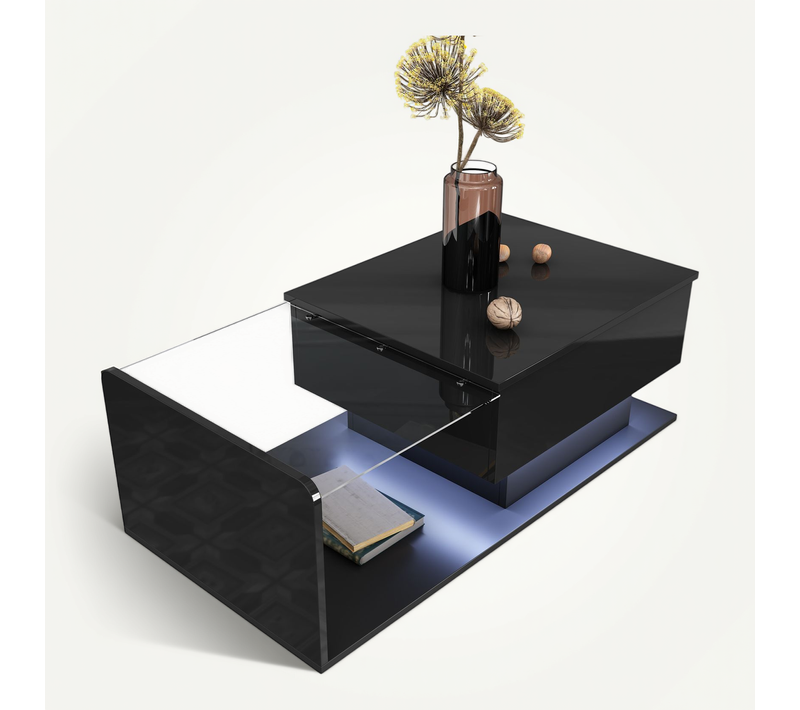 Table Basse Noire LED Haute Brillance Avec Plateau Relevable Et Rangement