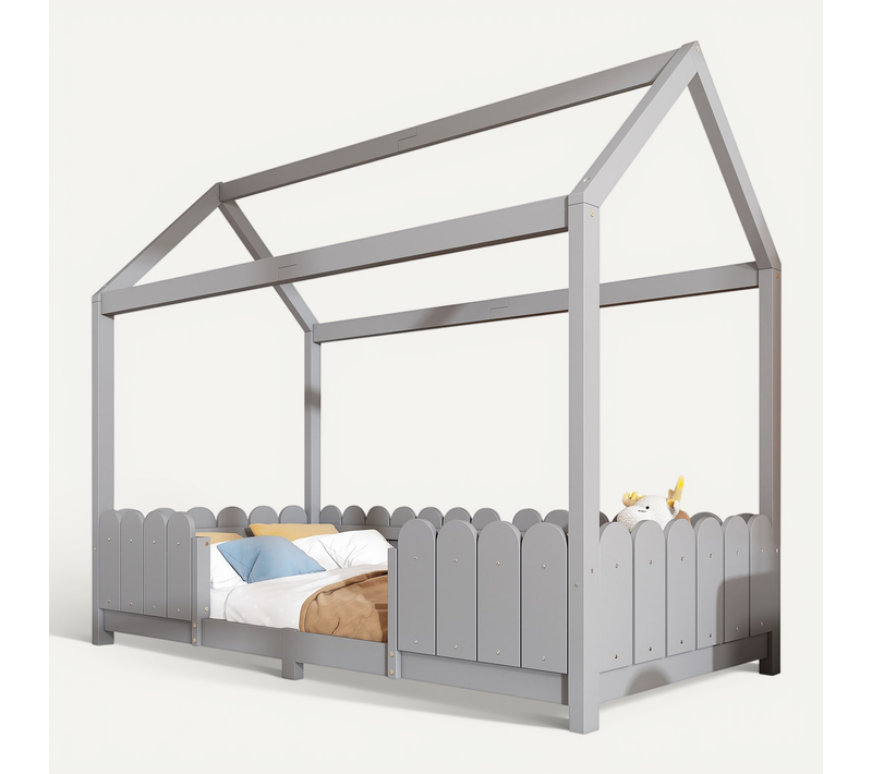 Lit 90x200cm,lit Simple,avec Clôture,bois+mdf,gris