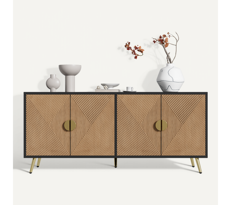 Buffet Bas,4 Portes,pied De Support,texture En Relief,moderne,mdf+aggloméré,noir+bois
