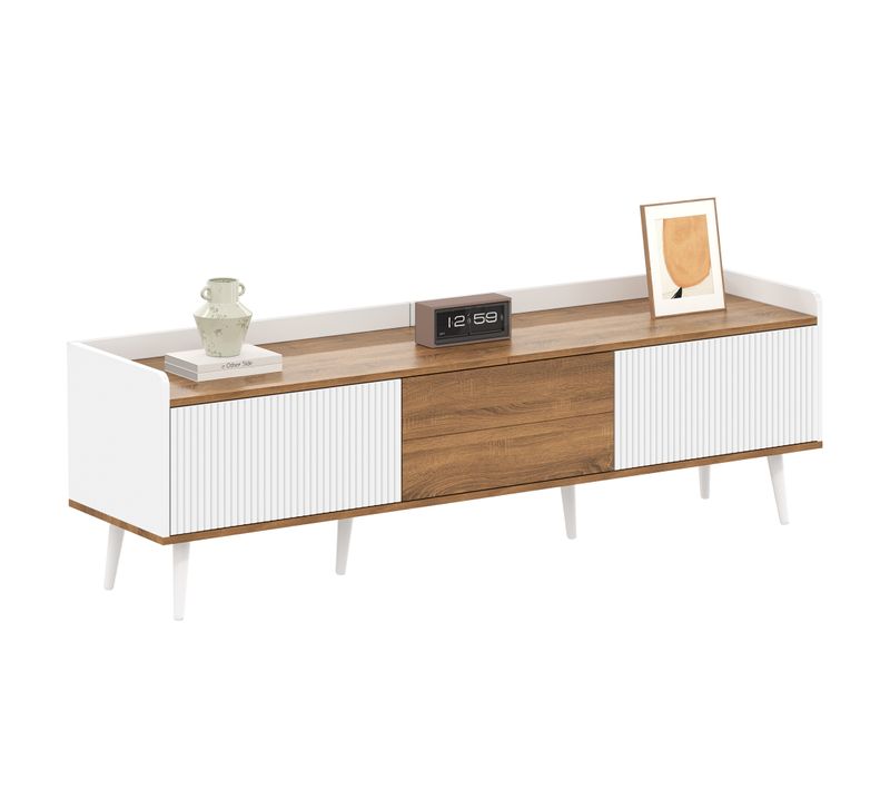 Meuble TV 160cm, 3portes, Moderne, Passe-câble, Aggloméré+mdf, Blanc+bois