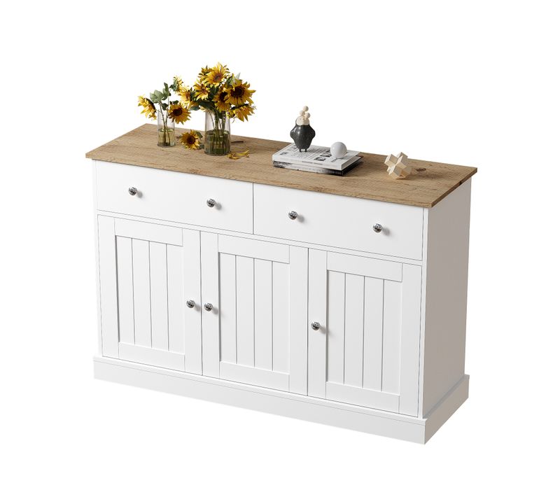 Buffet Bas, 2tiroirs, 3 Portes, Design Simple, Design Élégant, Aggloméré, Blanc+bois