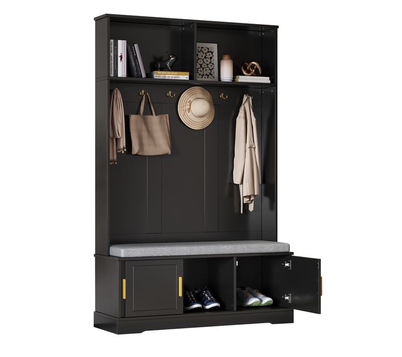 Vestiaire Meuble D’entrée Noir Avec Banc, Porte-manteaux Et Étagère à Chaussures, 3 Portes Rangement