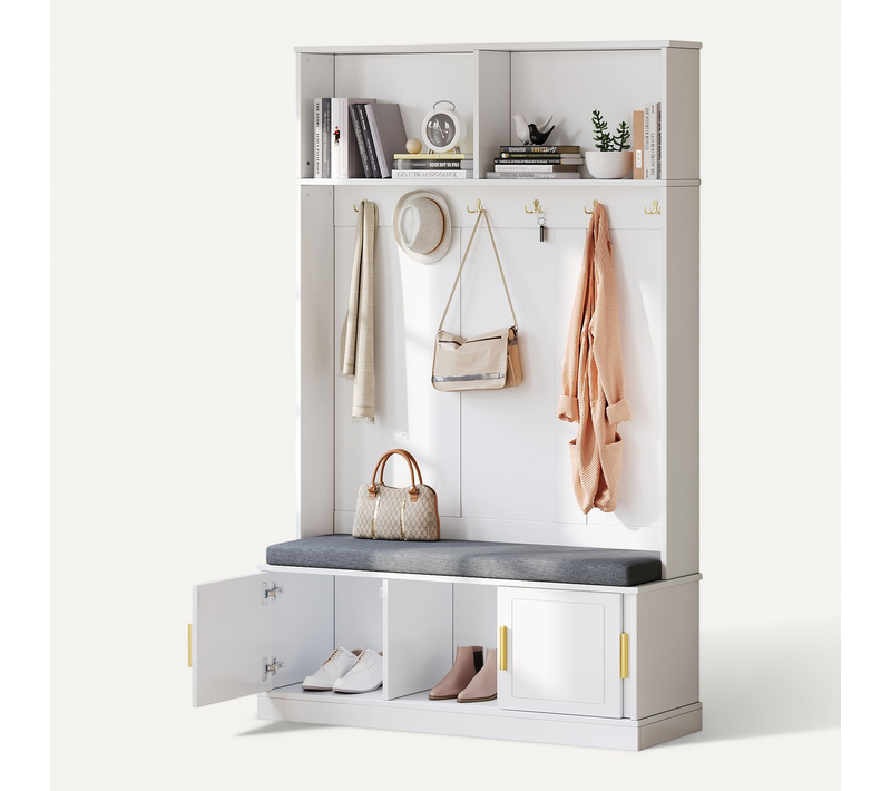 Vestiaire, Porte-manteau Blanc Avec Banc Et Étagère à Chaussures, Meuble D’entrée, 3 Portes