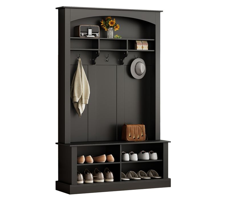 Vestiaire, Porte-manteau Noir Avec Rangement, Banc Et Étagère à Chaussures, Meuble D’entrée