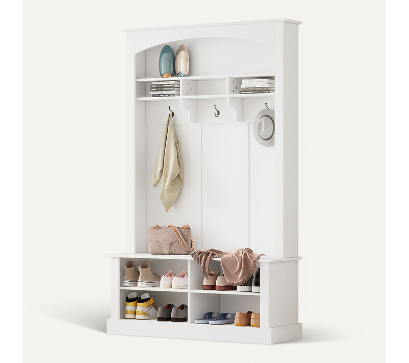 Vestiaire, Porte-manteau D’entrée Blanc Avec Banc Et Étagère à Chaussures – Meuble 3 En 1
