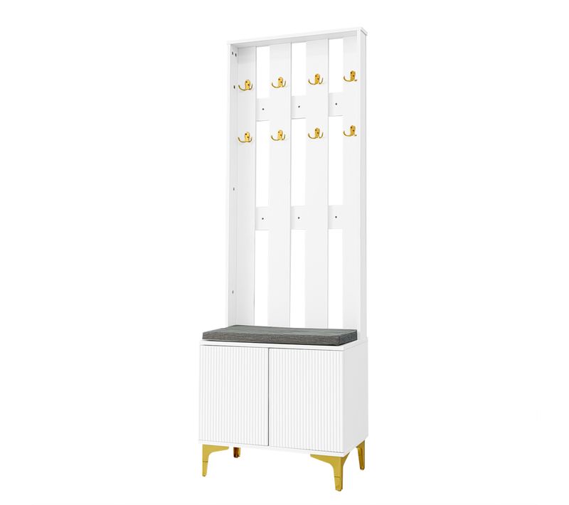 Vestiaire D’entrée Blanc Avec 2 Portes, 8 Crochets Et Étagères Réglables, Banc Intégré