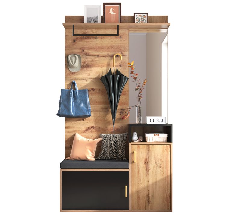 Meuble D’entrée, Vestiaire Avec Miroir, Banc Et Rangements à Chaussures Noir Et Bois
