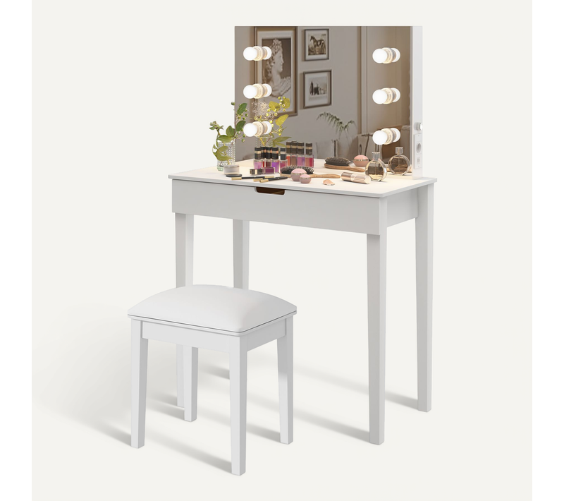 Coiffeuse LED Avec Tabouret, Miroir, Tiroir De Rangement, Ports De Charge, Pour Maquillage