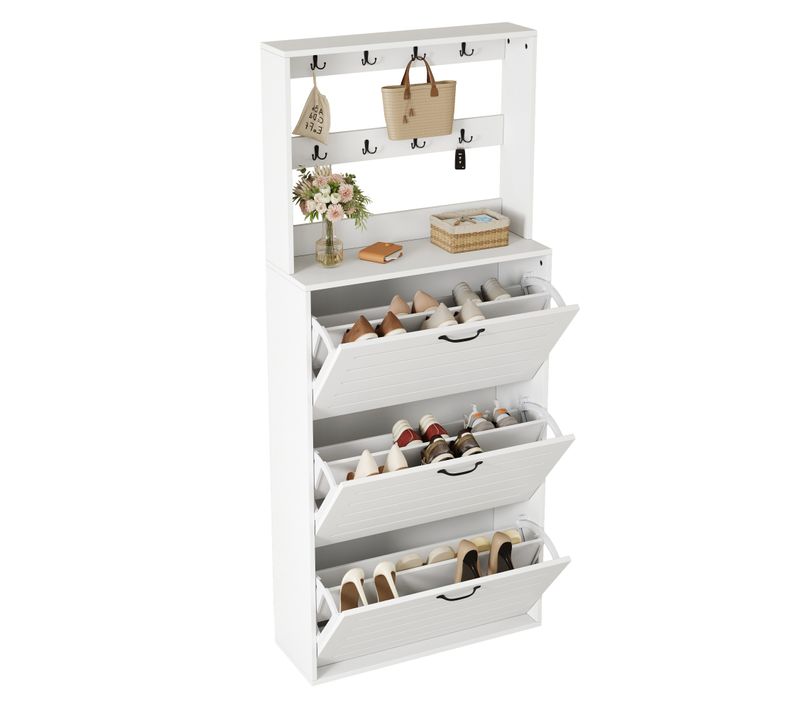 Meuble à Chaussures, 3 Portes, Moderne, 8 Crochets, Design Simple, Aggloméré, Blanc