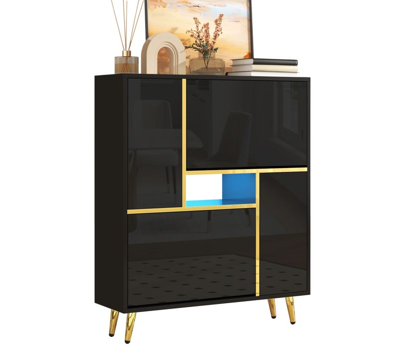 Meuble à Chaussures, 4 Portes, moderne, étagères Ajustables, led, aggloméré, noir