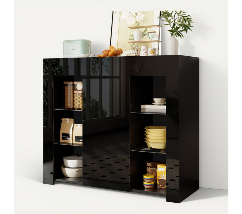 Buffet Bas, 1 Porte, Moderne, Étagères En Verre, Design Élégant, Aggloméré, Noir