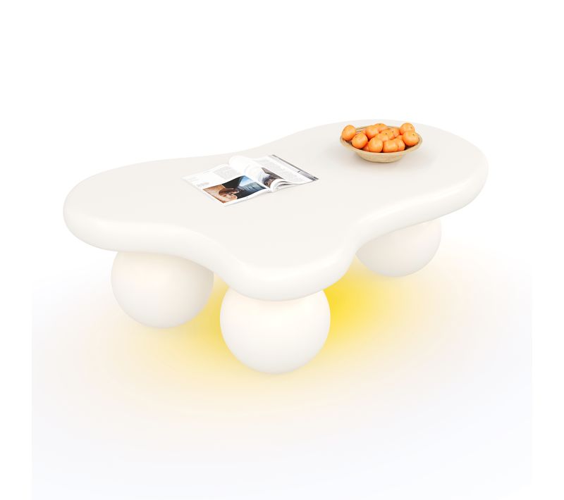 Table Basse Moderne En Forme De Nuage 95 X 62,5 X 32 Cm, Avec Éclairage LED, Pieds Ronds, Blanc