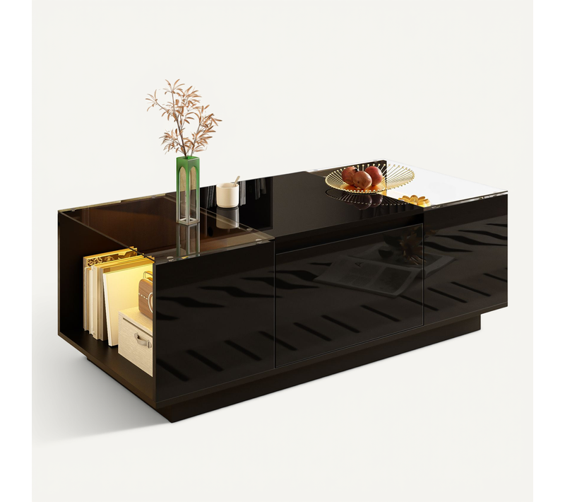 Table Basse Moderne Minimaliste 105x50x35cm, Avec LED, Plateau En Verre, 2 Tiroirs, Noir