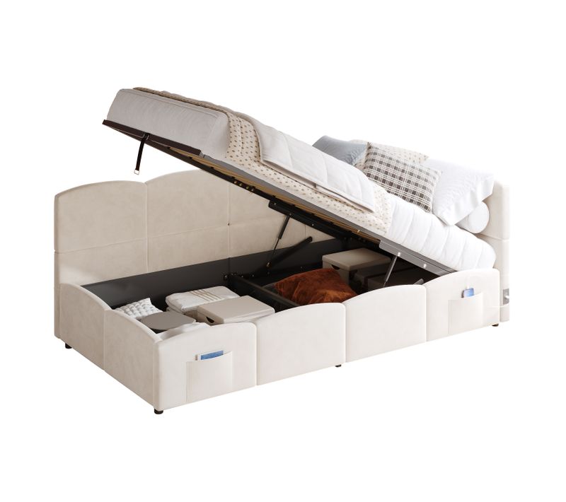 Lit 90x200cm, Lit Enfant, Lit Coffre, Lie Simple,sommier,usb,tête De Lit, Tissu Boucle,beige