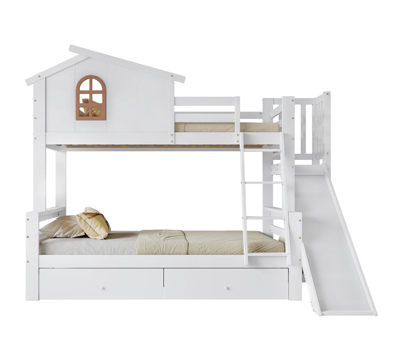 Lit Superposé Enfant 90x200 + 120x200 Cm Avec Toboggan, Fenêtres, 2 Tiroirs Et Échelle, Bois Blanc